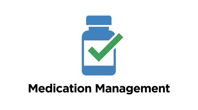 Medication management icon showing blue medicine bottle with green checkmark symbol for healthcare patient treatment adherence concept