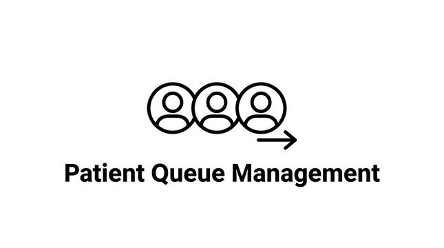 Minimalist patient queue management line art icon featuring people in a sequence with an arrow indicating movement for healthcare applications