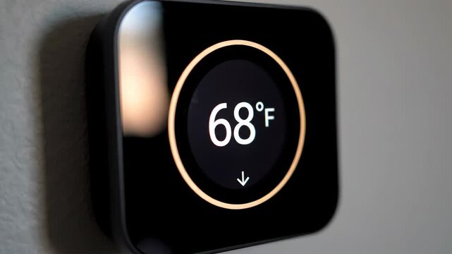 Close up of person hand touching modern smart home thermostat to adjust temperature.