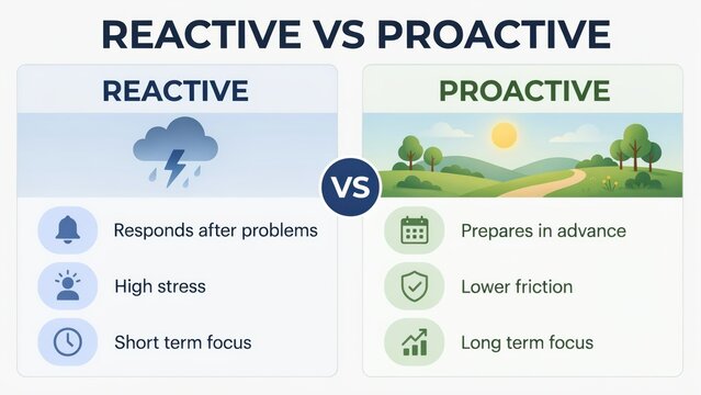 Infographic comparing reactive versus proactive mindsets with clear business strategy icons isolated on white background. Useful for corporate training presentations.
