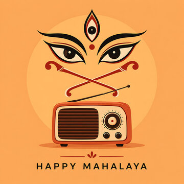 Vintage radio illustration with symbolic durga eyes and crossed drumsticks celebrating mahalaya and durga puja festive cultural tradition in bengal india celebration