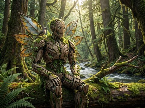 Intricate wooden robot golem covered in moss and ferns sits contemplative on a log with detailed mechanical solar leaf wings.