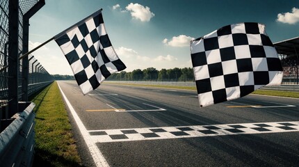 Fototapeta premium Two checkered flags wave at the finish line of a race track. The asphalt road has white markings. Green grass lines the track, with trees and a stadium in the background.
