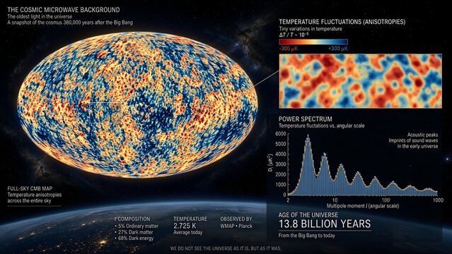 Cosmic microwave background cmb radiation map of the universe, with an educational inset highlighting tiny temperature fluctuations, anisotropies, power spectrum, and universe age