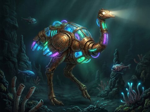 Detailed steampunk mechanical ostrich submersible robot with glowing neon lights exploring deep ocean seabed environment illustration.