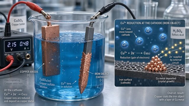 Industrial electroplating setup depositing copper onto an iron object, featuring a microscopic inset showing copper ions reduced at the cathode into solid metal crystal growth