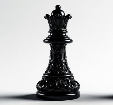 Black chess queen piece with ornate floral carvings stands isolated on white background. Elegant dark royalty figure represents strategic leadership, power, tactical planning. Minimalist concept for
