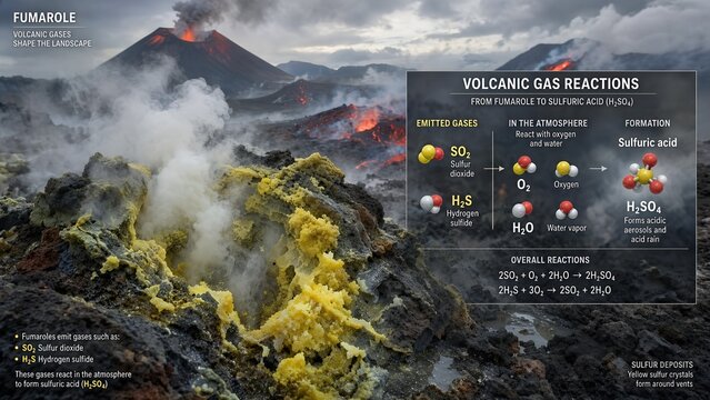 Active volcanic sulfur deposits and gas vent, featuring a scientific illustration inset detailing gaseous emissions, atmospheric reactions, and sulfuric acid formation processes