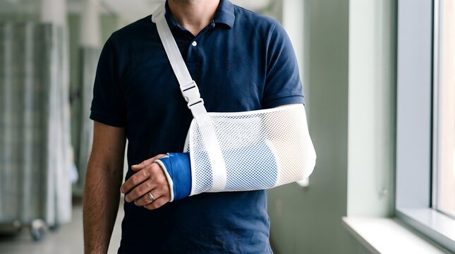 Man with broken arm in blue plaster cast and white mesh medical sling standing in a clinic for healthcare recovery and personal injury insurance claim concept.