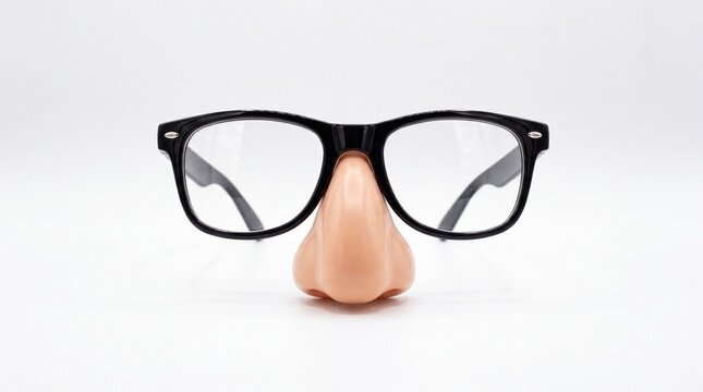 Plastic novelty glasses featuring a large fake nose and black frames isolated on white background