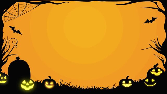 Animated Halloween background with glowing pumpkins, bats and spooky silhouettes