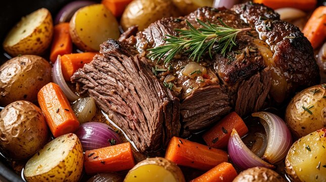 Delicious beef pot roast with roasted potatoes, carrots, red onions in pan. Hearty meat dish cooked with herbs, garlic for family dinner. Slow cooked succulent beef served with seasonal vegetables