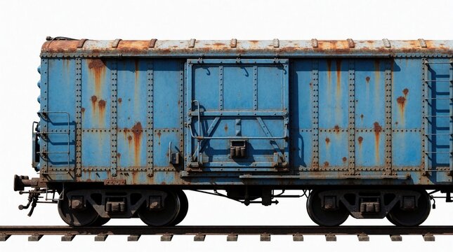 Old blue train boxcar sits on rail tracks with rust marks visible. It features a sliding door and ladder on its side. This weathered freight wagon is isolated on a clean white background.