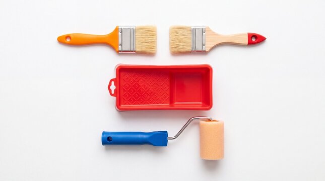 Professional paint brushes and roller tray set arranged neatly for home improvement projects on white background