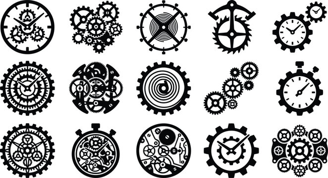 Set of fifteen detailed clockwork gear and watch mechanism icons isolated on a white background