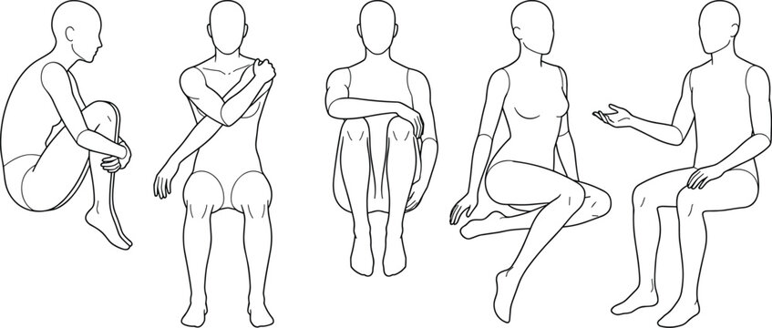 Sitting Human Body Pose Reference Set Outline Vector Illustration of Male and Female Mannequin Figures