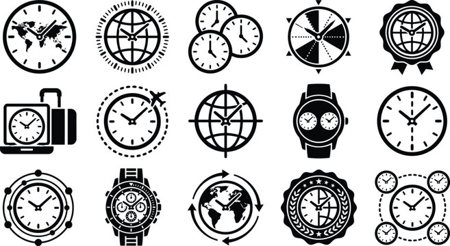 Set of black and white clock and globe icons representing time zones and international travel concepts