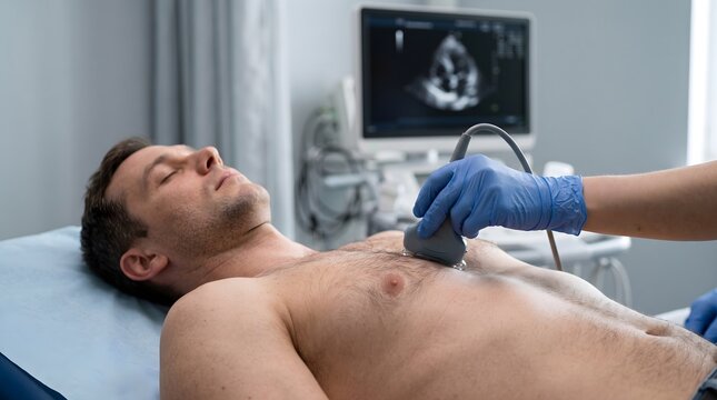 Male patient undergoing heart ultrasound screening in a clinical setting with professional medical equipment for cardiovascular health and diagnostic services concept