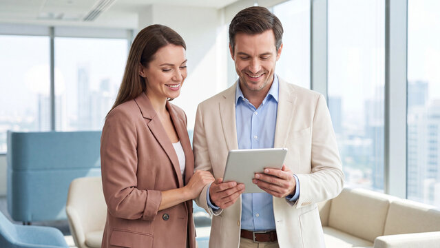 Colleagues walking together down a modern office hallway while discussing project data displayed on a digital tablet computer held in their hands.