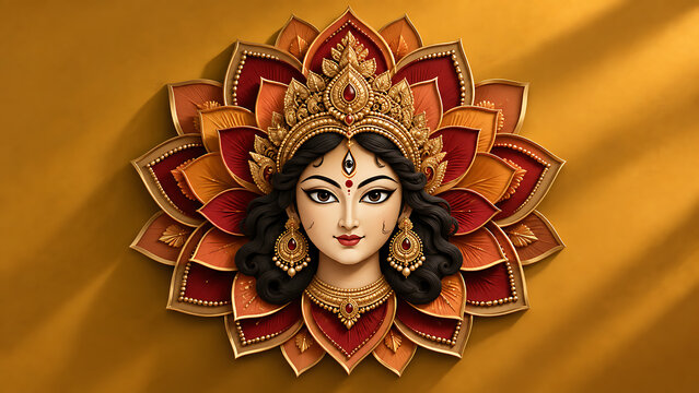 Ornate goddess durga face with golden crown and layered lotus mandala celebrating mahalaya and durga puja traditional bengali festival spiritual devotion artwork