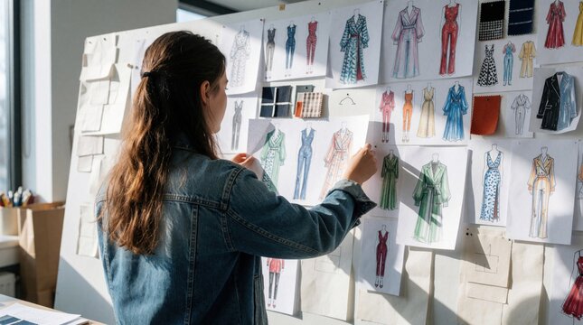 Young woman reviews fashion sketches on wall board. Designer plans clothing collection, holds fabric swatches. Creative project displays original garment ideas for runway.