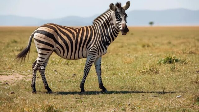 Zebra Walking Across Dry Grassland Near Mountain, Grazing Animal Wildlife Landscape