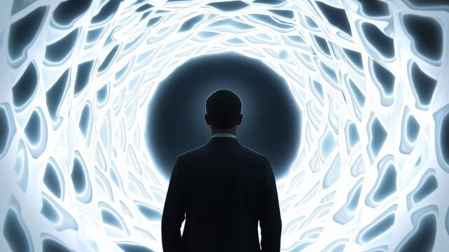 Man Silhouette Standing Before Luminous Abstract Portal, Glowing Tunnel Mystery, Digital