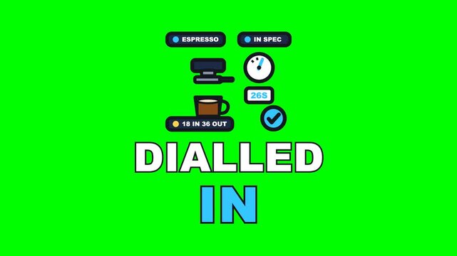 4K green screen DIALLED IN animated text - the grind moving a notch and the shot landing on time, kinetic typography bakery and pastry overlay for baker content, chroma key
