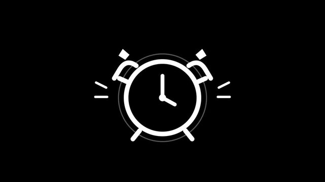 Simple white alarm clock animation on solid black background motion footage