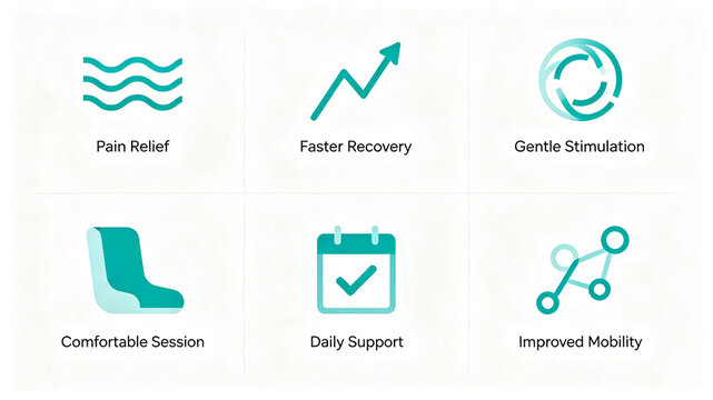 The blue-green flat nursing function icon represents the concept of relieving pain and enhancing activity, suitable for advertising display of rehabilitation nursing products.
