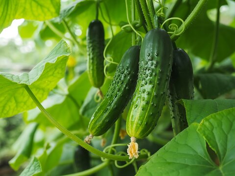 Organic Cucumbers Hanging Vine Greenhouse Cultivation Scene Photo