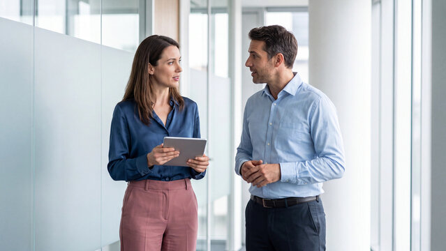 Business executive explaining project details to a male colleague on a digital tablet while standing in a modern glass office.