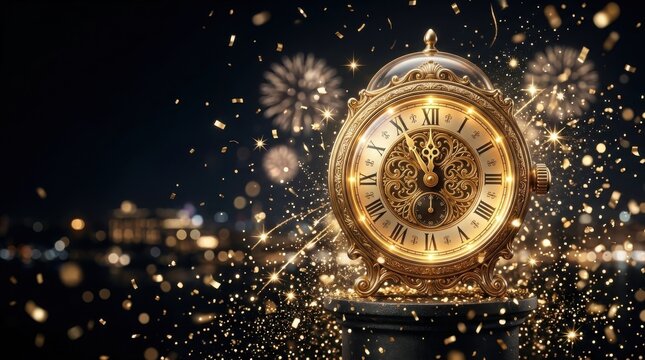 Elegant golden clock with sparkles celebrating new year midnight moment beautifully