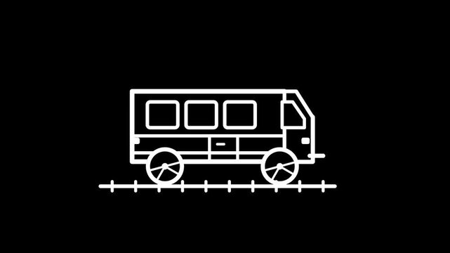Minimalist van driving across screen in simple white line animation