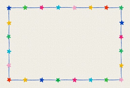 hand painted colorful star garland border, hand drawn bright star motifs on blue thin line rectangular frame, cute rainbow stars border design, off white paper texture background, copy space