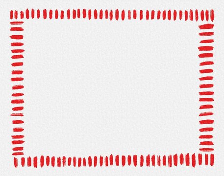hand painted red vertical dash line border design, hand drawn dashed brush stroke rectangular frame, simple textured red edge, blank white paper texture background, copy space template