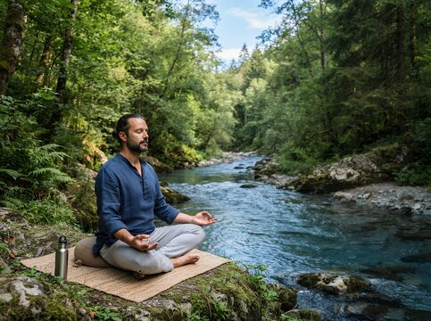 Man meditating peacefully by a flowing river in a lush green forest.