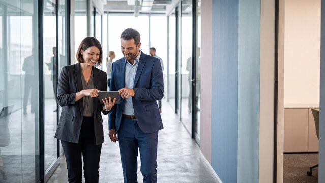 Business colleagues walking together through a modern office corridor while reviewing project information on a digital tablet screen.