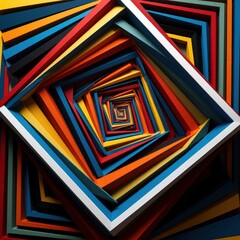 Fototapeta premium Abstract geometric pattern with nested colorful squares. Multicolored concentric diamond shapes create optical illusion tunnel effect. Vibrant linear design features deep perspective with bright