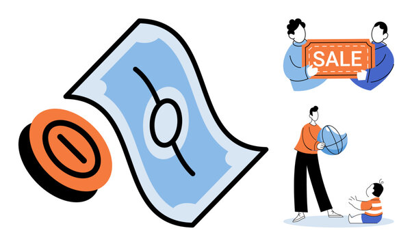 Money and family budget vector illustration. Savings, shopping, parenting, commerce, investment, lifestyle. Currency and people icons for financial planning and consumer spending habits