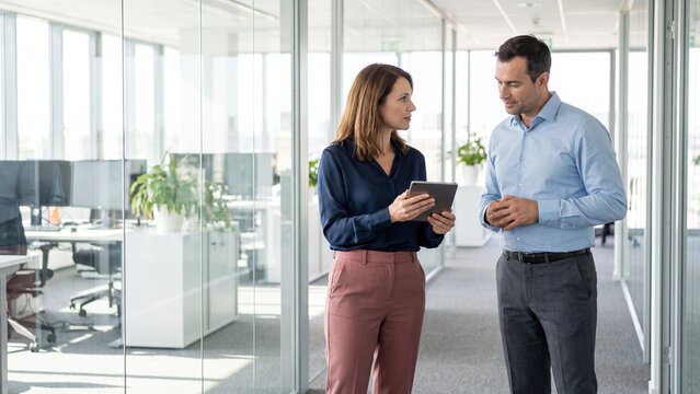 Businesspeople discussing corporate strategy on a digital tablet while standing together in a bright glass modern office corridor.