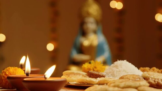 Kojagari Lakshmi Puja, decorated thali with coins, rice, and diya, blurred backdrop of Lakshmi idol