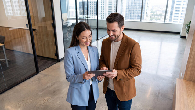 Corporate partners standing together near large office windows while reviewing modern financial reports on a touch screen tablet.