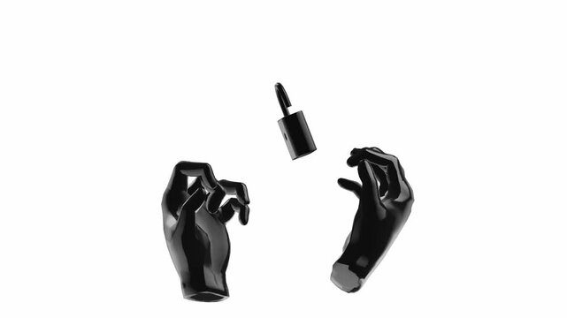 Glossy black mannequin hands levitate around an open black padlock on a clean white background in a minimalist 3D animation
