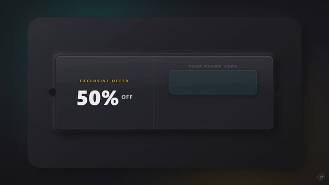 Fifty percent off coupon promotion animation with dark glowing discount ticket, save fifty offer code, copy code and shop now buttons, elegant neon accents and smooth reveal on a black background