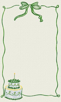 Minimalist birthday cake and green bow ribbon border illustration, hand drawn line art greeting card background, celebration invitation template, off-white paper texture, copy space