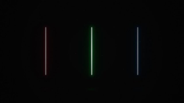 Minimalist glowing lines with red, green, and blue subpixel neon light on black background, concept for screen technology, useful for digital art and tech presentations.