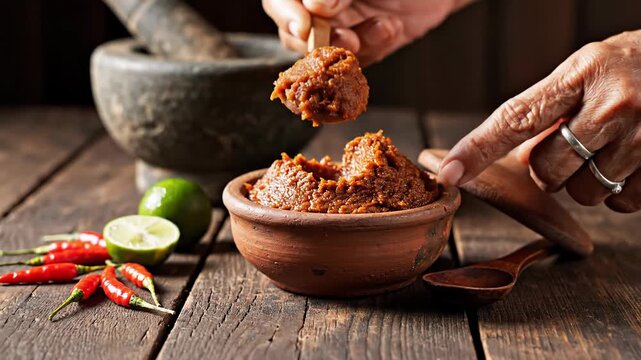 Traditional chili paste in clay pot with wooden spoon, lime, and peppers on rustic wooden table.