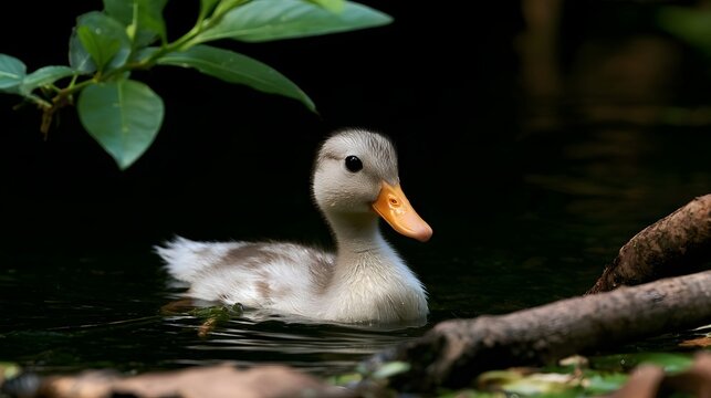 A young duckling swims calmly in dark water beneath green foliage with soft natural lighting highlighting its fluffy feathers and orange beak