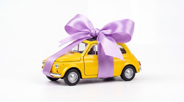 Miniature yellow retro car wrapped in a shiny purple bow presented as a gift on white background